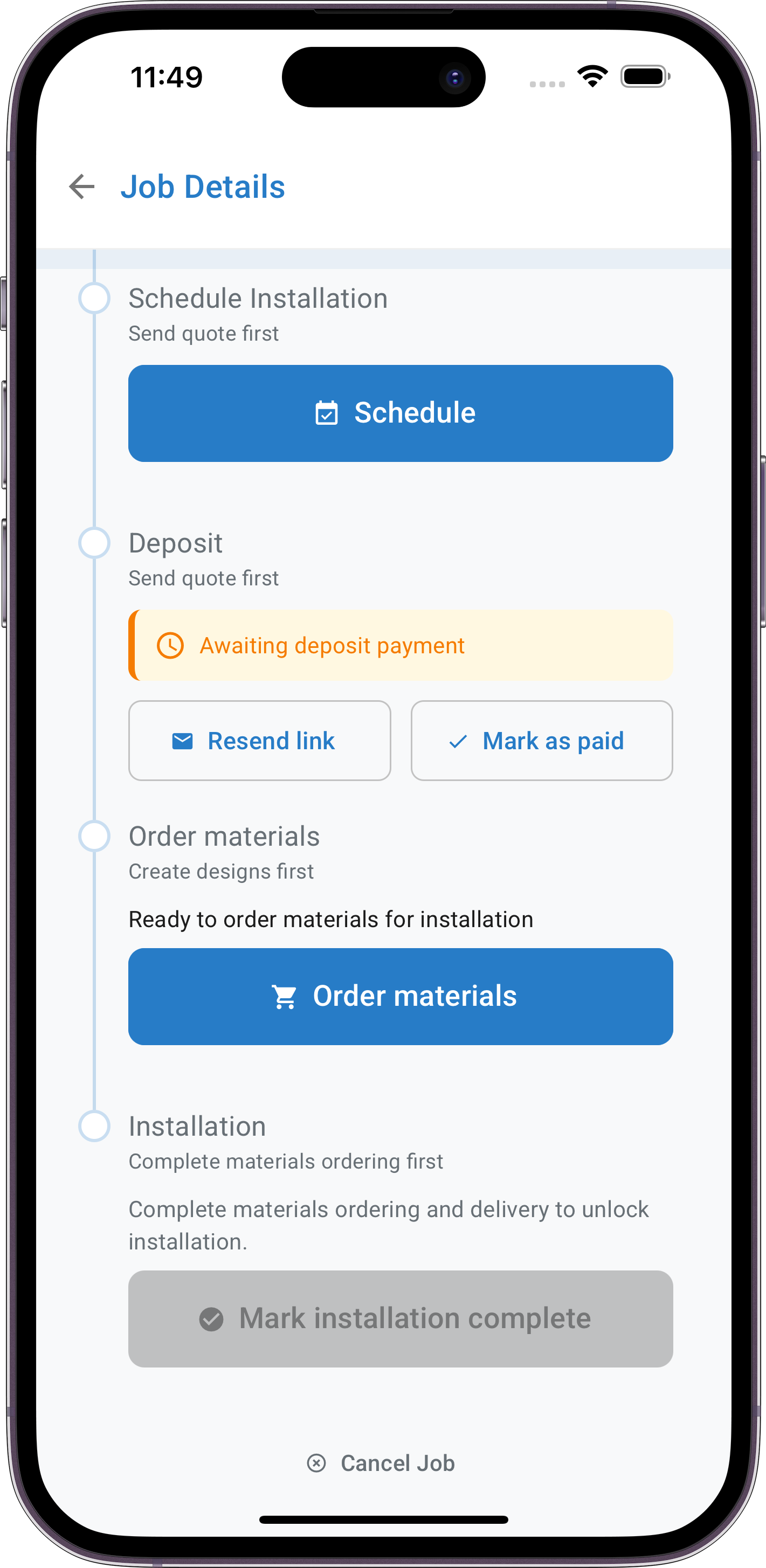 Job details showing scheduling, deposits, and materials ordering